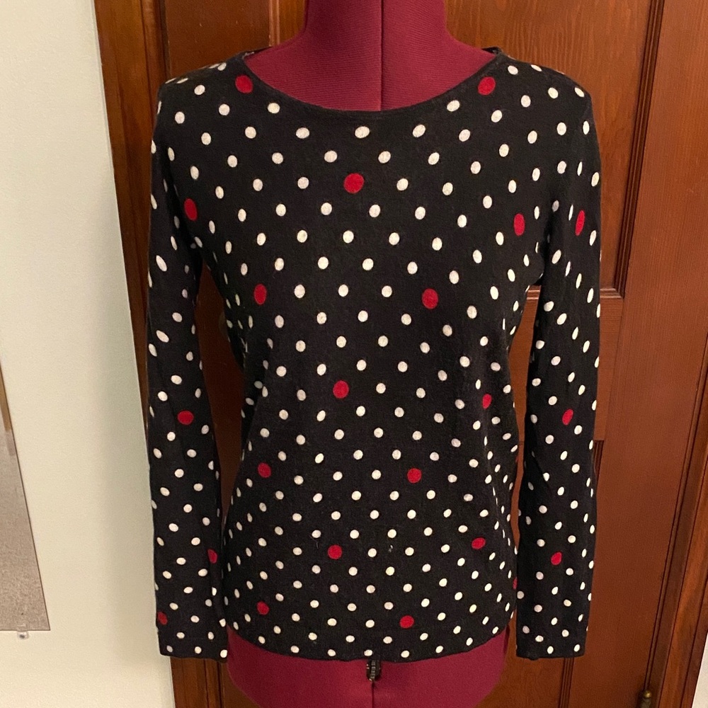 Talbots Merino Wool Super Soft Black, White & Red Polka Dot Top